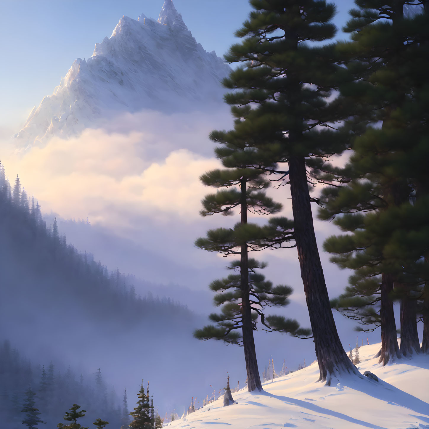 Winter Scene: Snowy Pine Trees & Mountain Peak