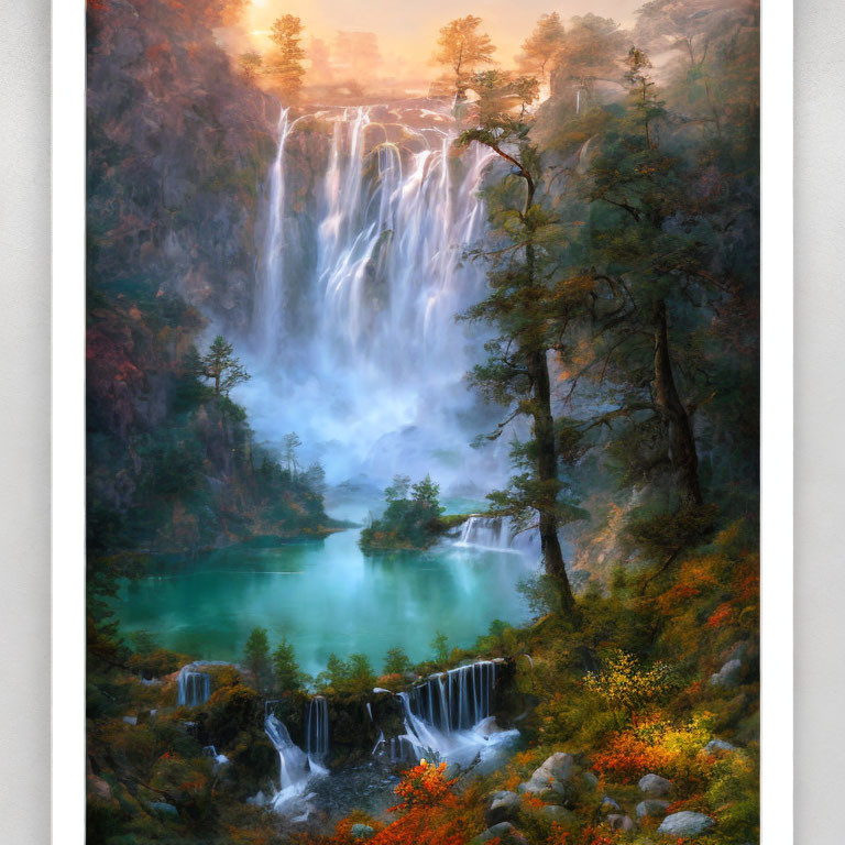 Tranquil landscape: Majestic waterfall, turquoise lake, lush forests