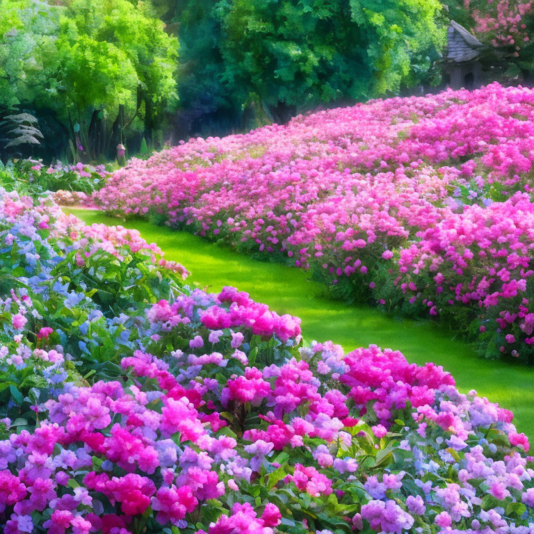 Tranquil garden path with pink and purple hydrangea bushes