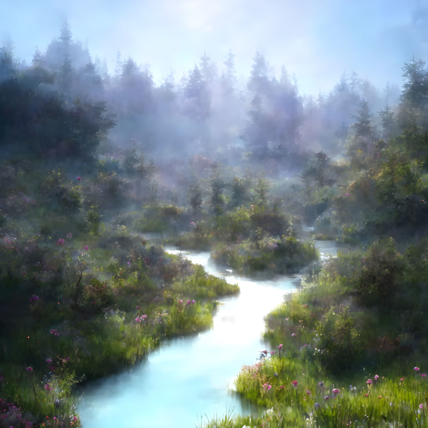 Tranquil misty landscape with stream, greenery, and pink flowers