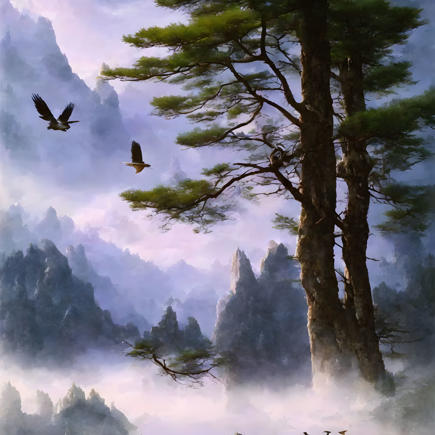 Mystical forest landscape with towering trees and birds in flight among misty mountains