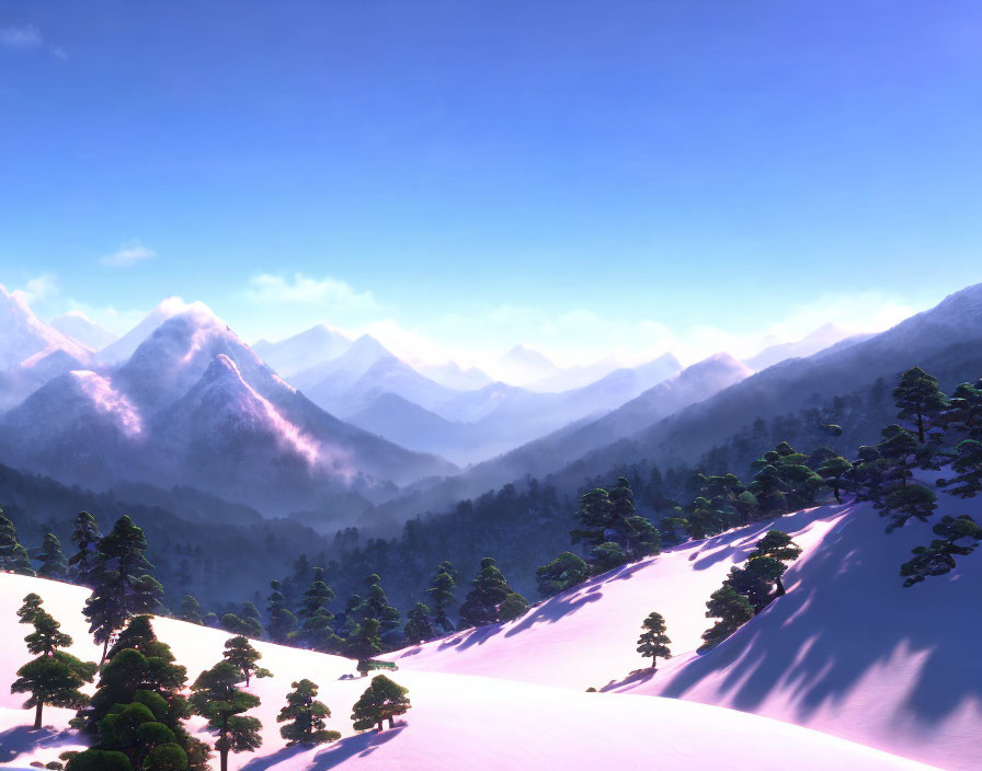 Snowy Landscape with Evergreen Trees and Mountain Peaks in Clear Blue Sky
