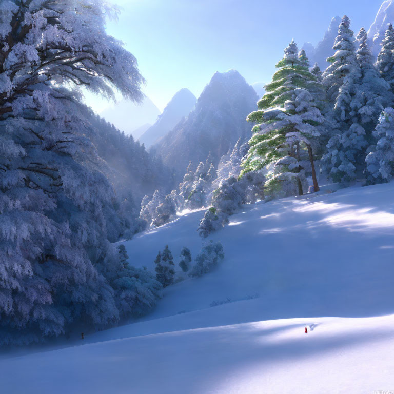 Winter scene: Snow-covered trees, mountain peaks, and blue sky.
