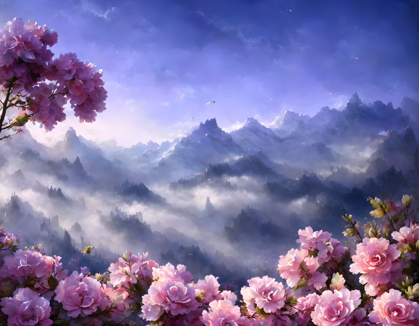 Tranquil landscape with misty mountains and pink blossoms