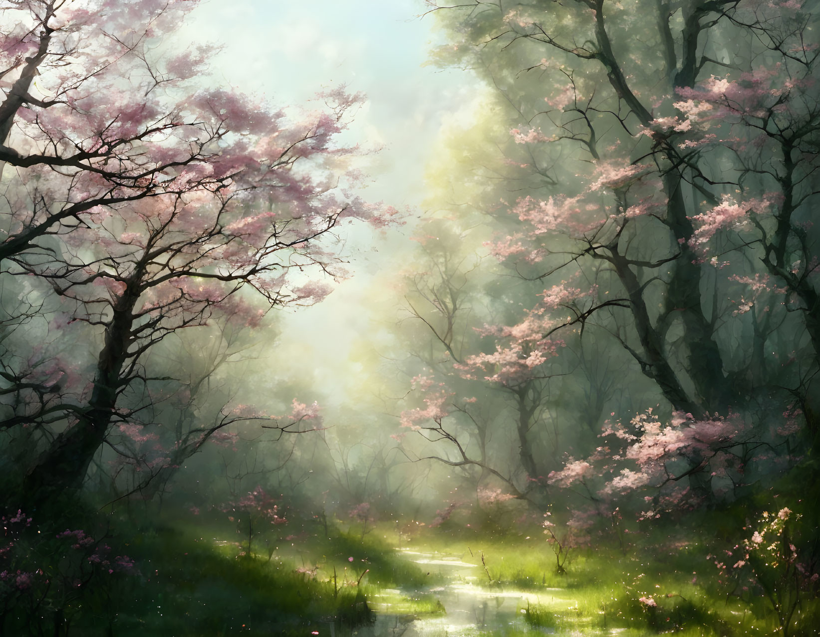 Tranquil Forest Path with Pink Cherry Blossoms and Sunbeams