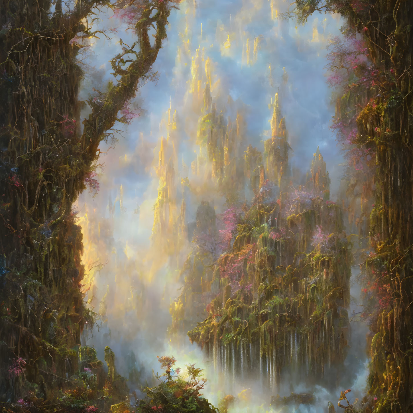 Enchanting forest scene with fog, sunlight, moss, and flowers