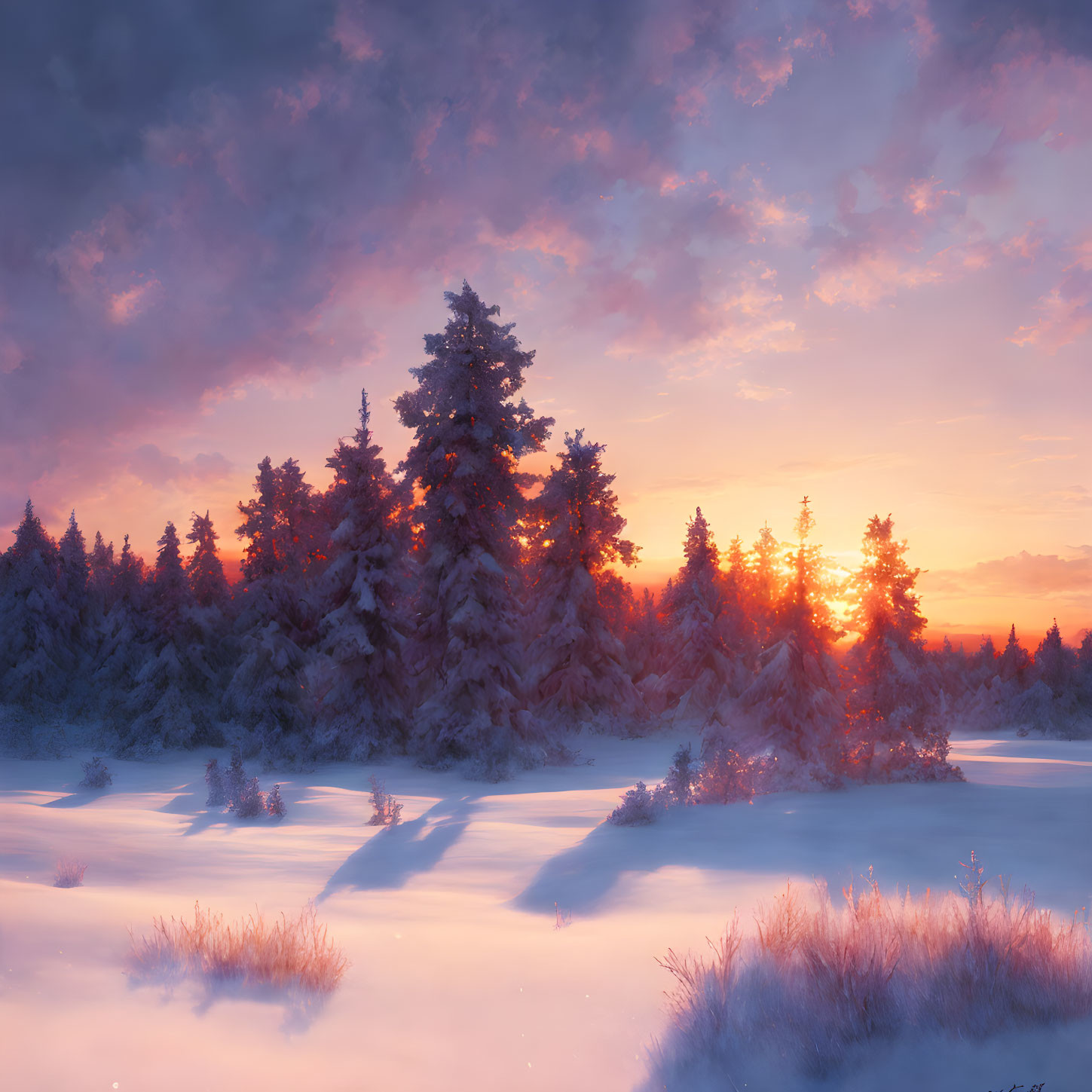 Snow-covered winter landscape with pine trees at sunset