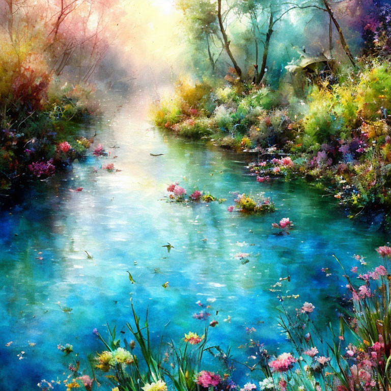 Serene river painting with blossoming flowers and soft light