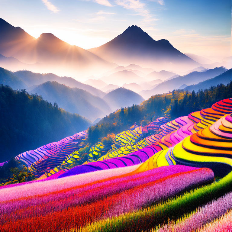 Colorful terraced fields against misty mountain backdrop at sunrise
