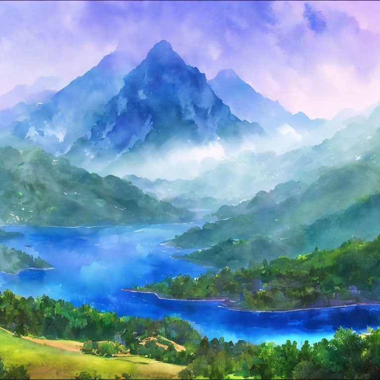 Serene landscape watercolor painting with mountain, lake, and houses