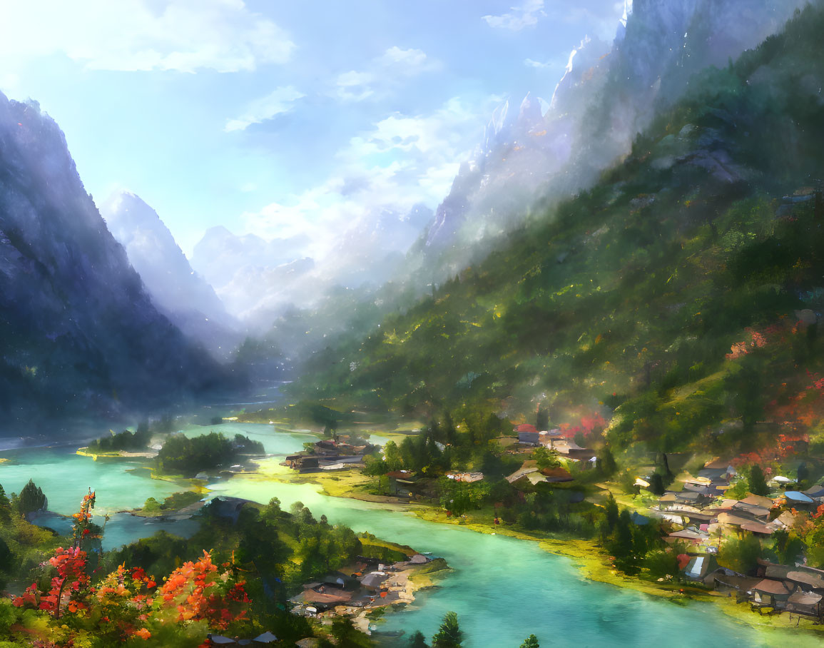 Scenic village in lush valley by turquoise river