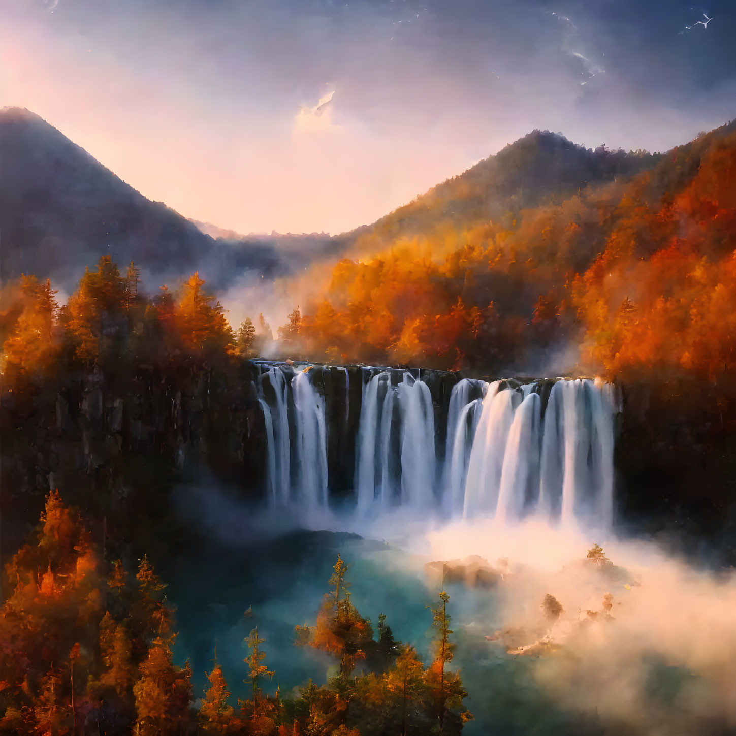 Scenic waterfall in misty lagoon with autumn forests and mountains at twilight