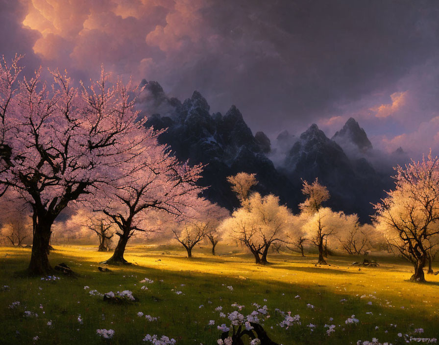 Tranquil Dusk Landscape with Cherry Blossoms, Meadow, and Mountains