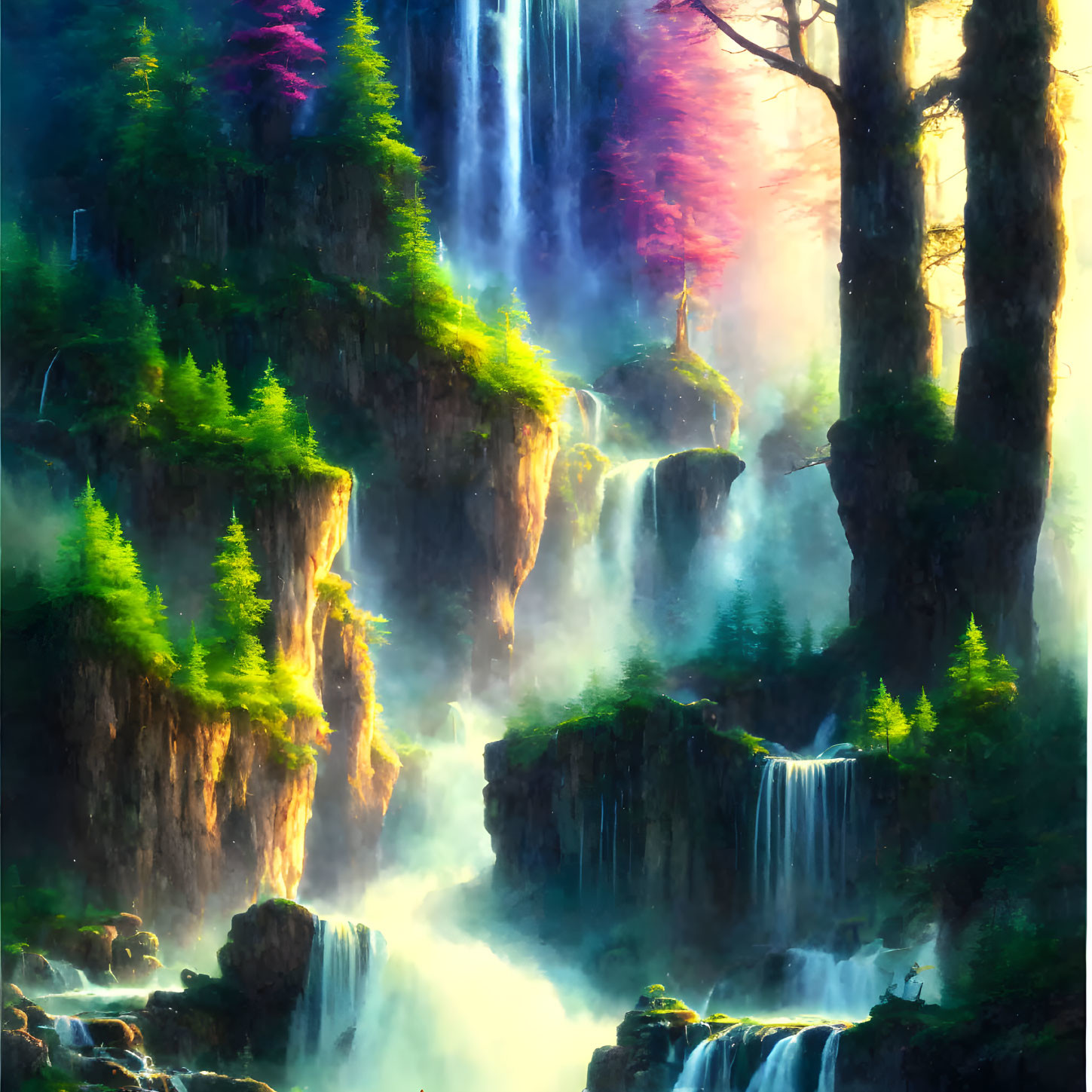 Enchanting forest waterfall with sunlight and mist cascades
