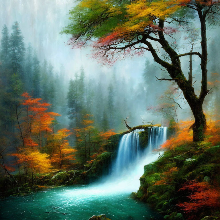 Tranquil waterfall flowing into turquoise pool amidst autumnal forest landscape