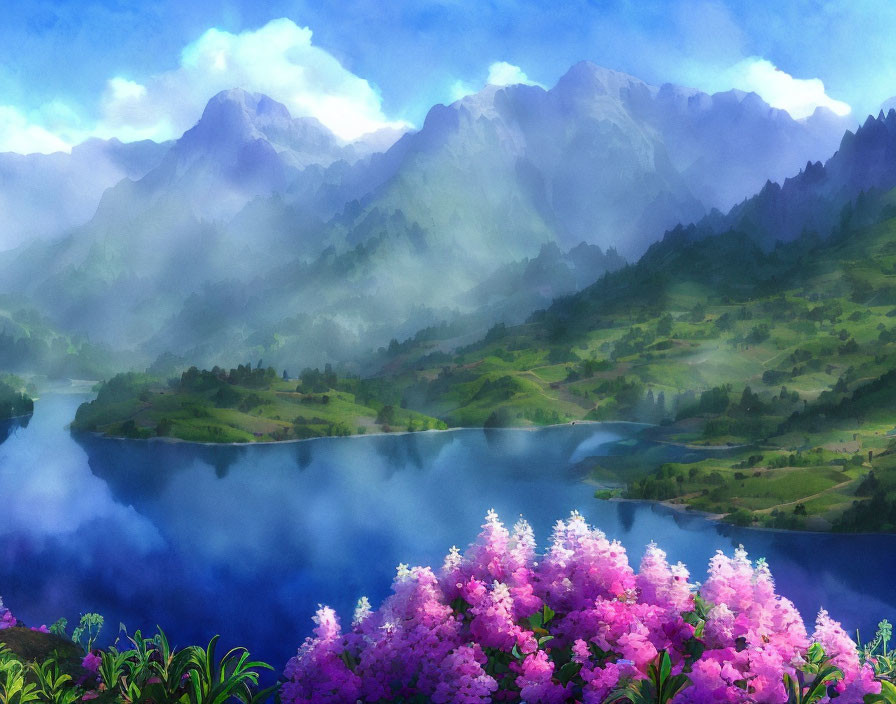 Tranquil digital painting of lush valley with blue lake and misty mountains