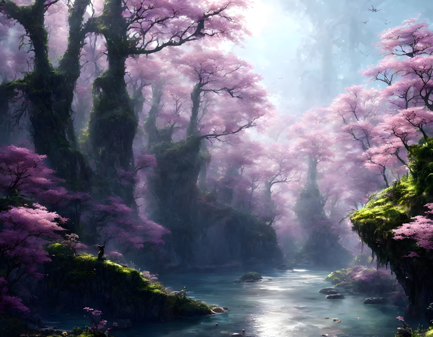 Tranquil forest with stream, tall trees, and pink blossoms