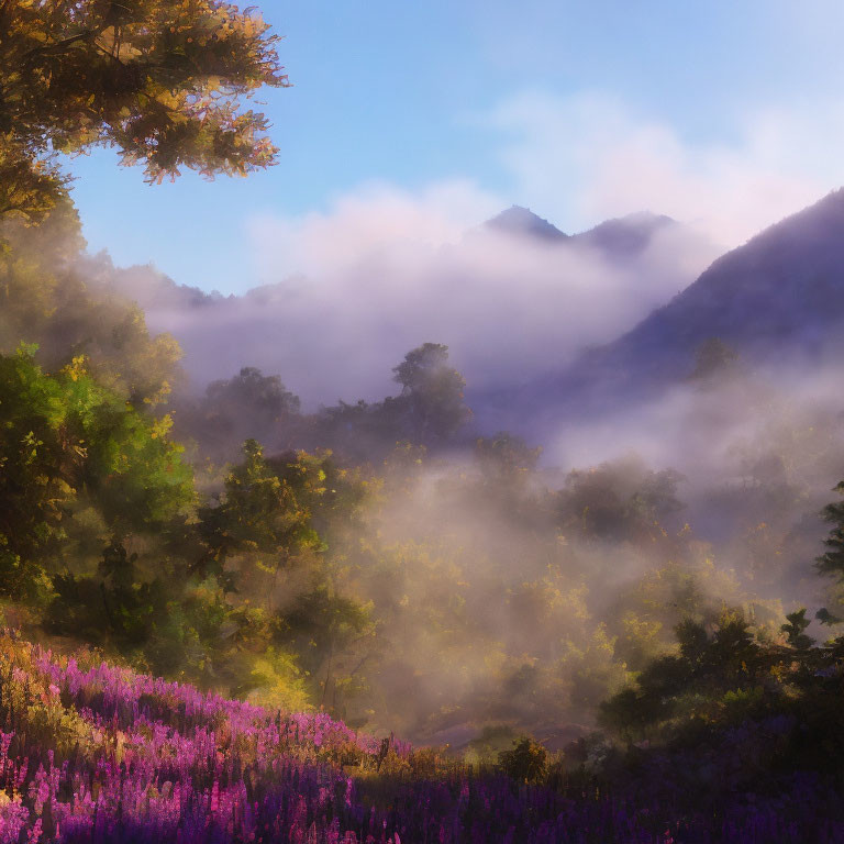 Misty mountain sunrise with sunbeams and purple flowers