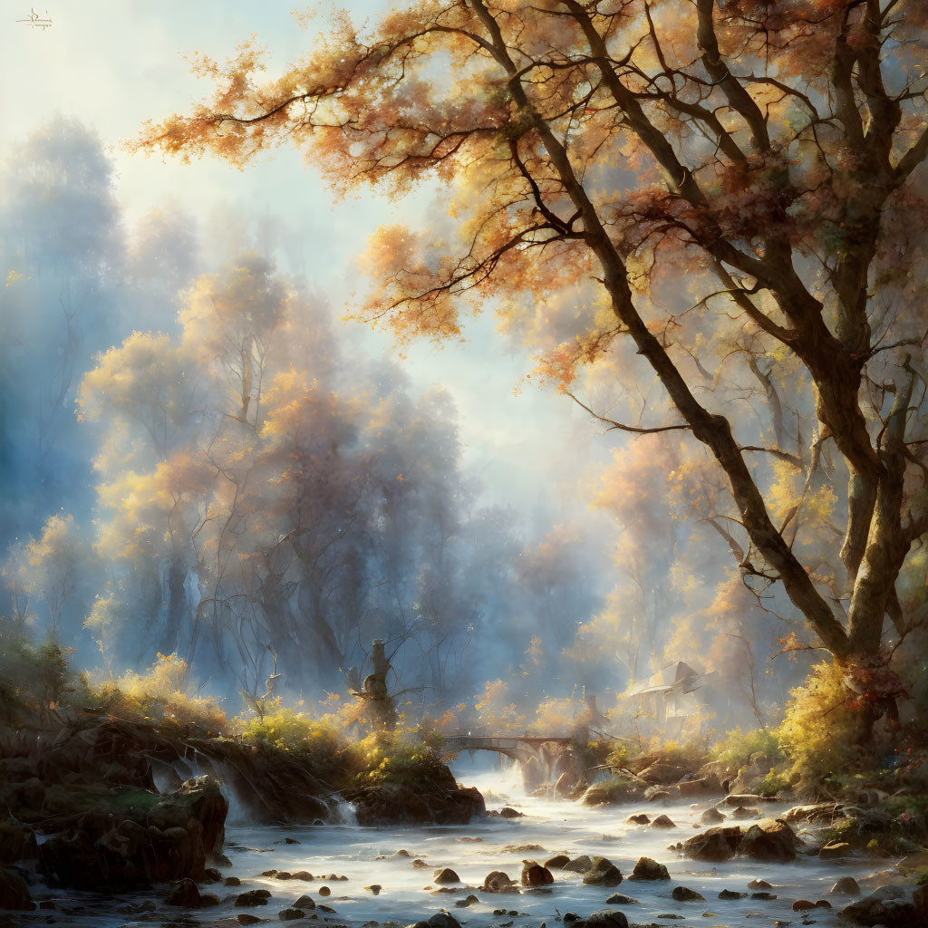 Tranquil forest landscape with stream, autumn trees, mist, and bridge