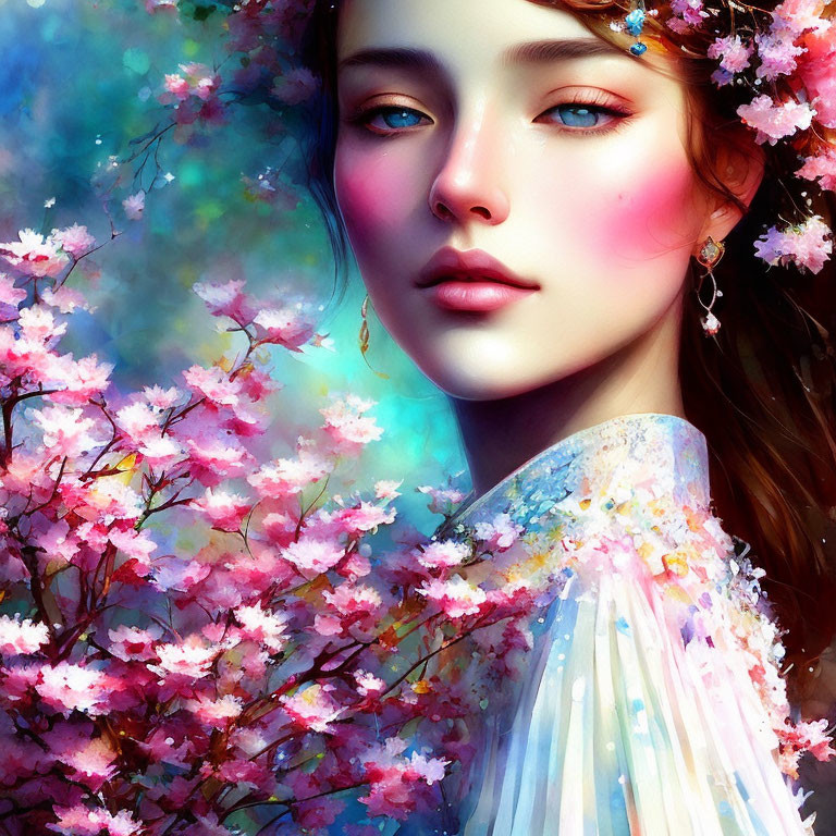 Digital painting of woman with rosy cheeks and blue eyes among pink cherry blossoms in white dress