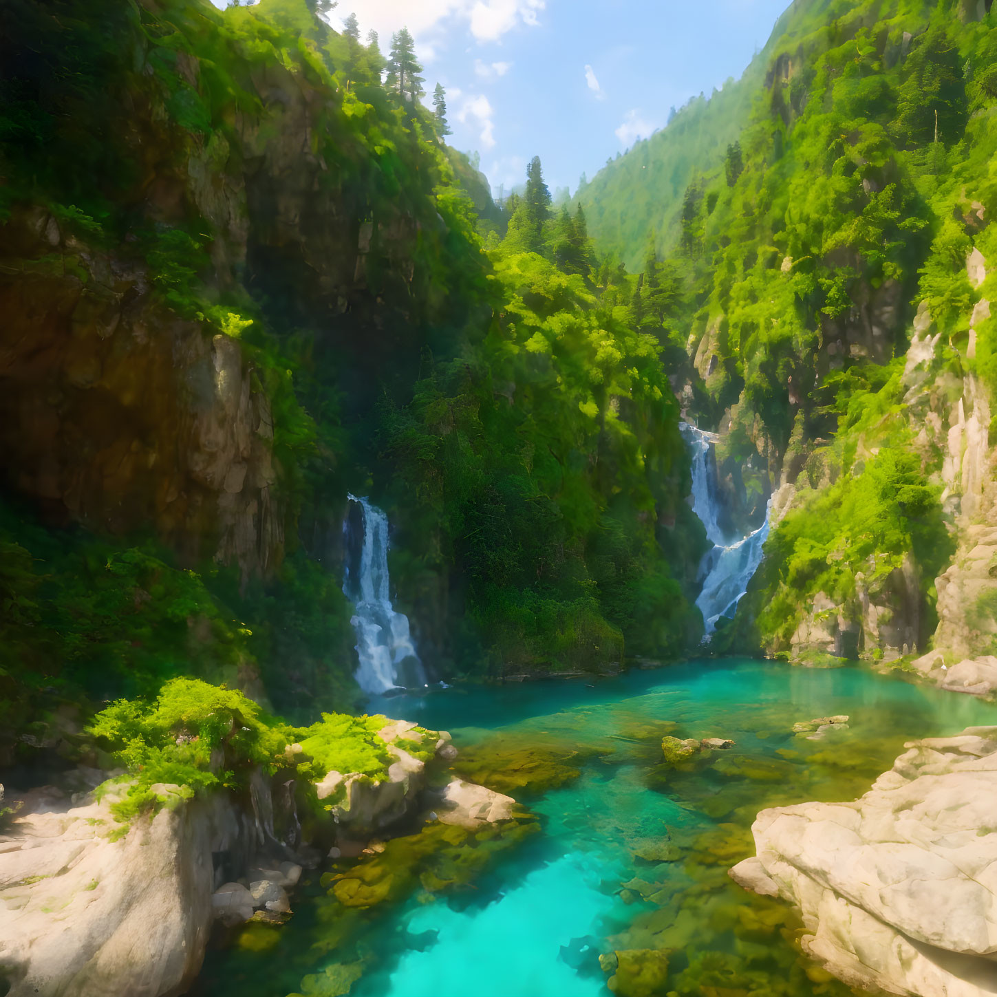 Tranquil valley with lush greenery, turquoise pool, waterfalls, rocky outcrops,