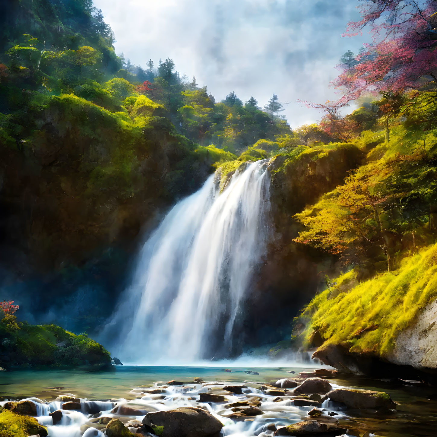 Autumn Waterfall Scene with Vibrant Foliage and Misty Air