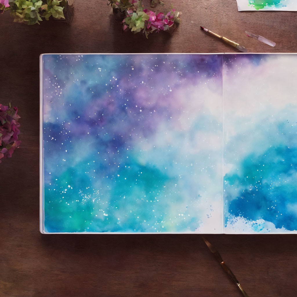 Galaxy-themed watercolor painting on open notebook with flowers and paintbrush