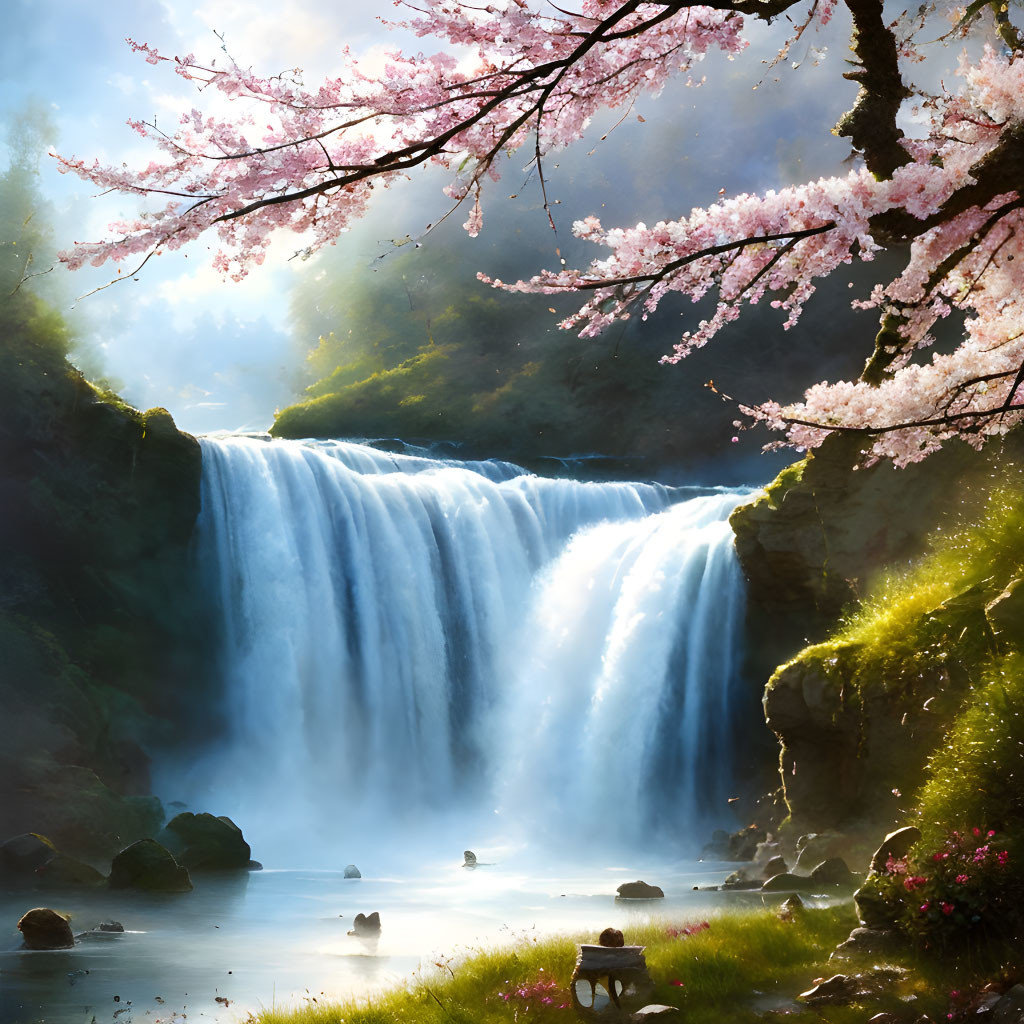 Tranquil waterfall with cherry blossoms in serene sunlight