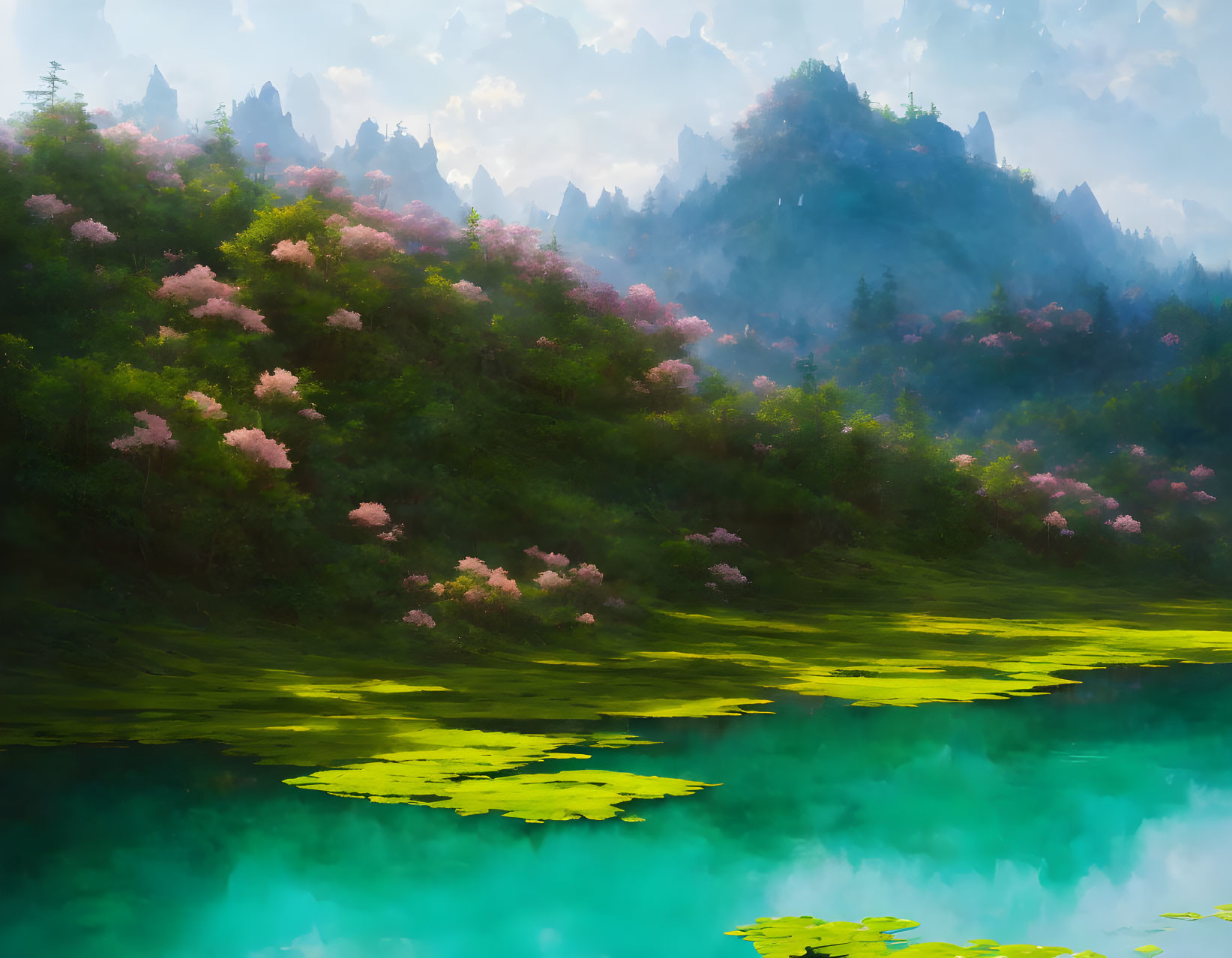 Serene lake, pink trees, castle in misty landscape