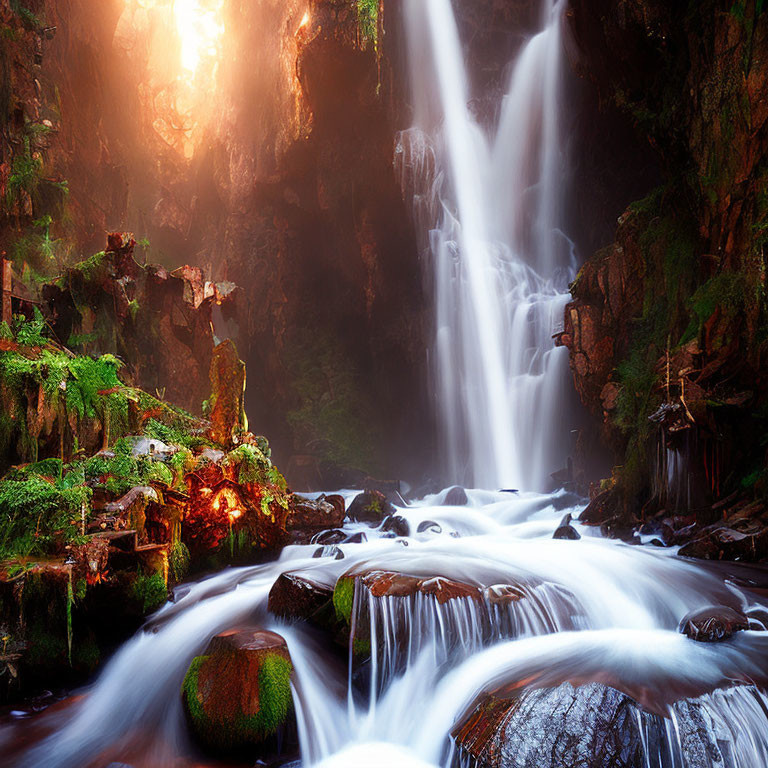 Tranquil waterfall in moss-covered rocky terrain