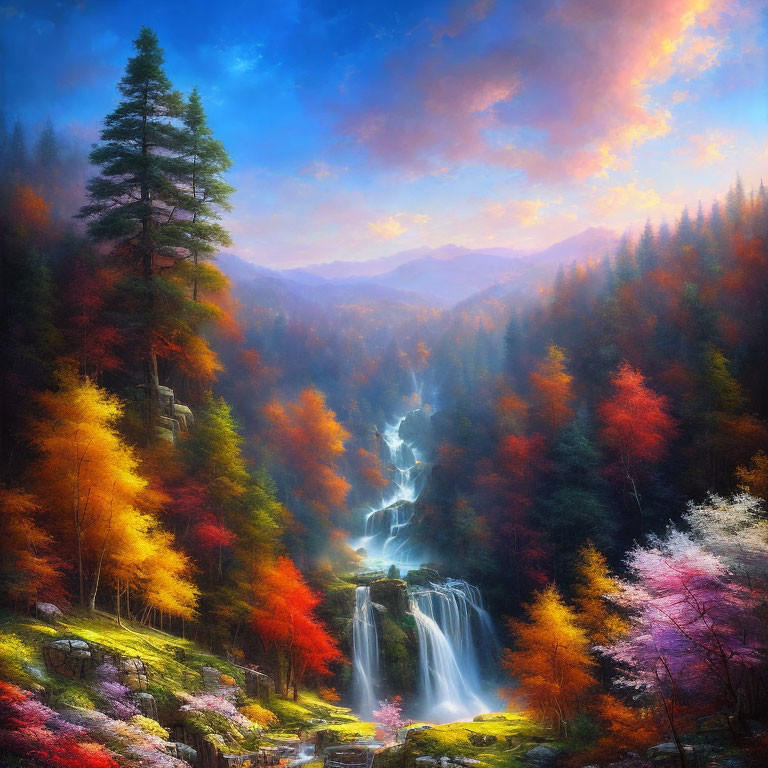 Scenic landscape with waterfall, trees, and sunset sky