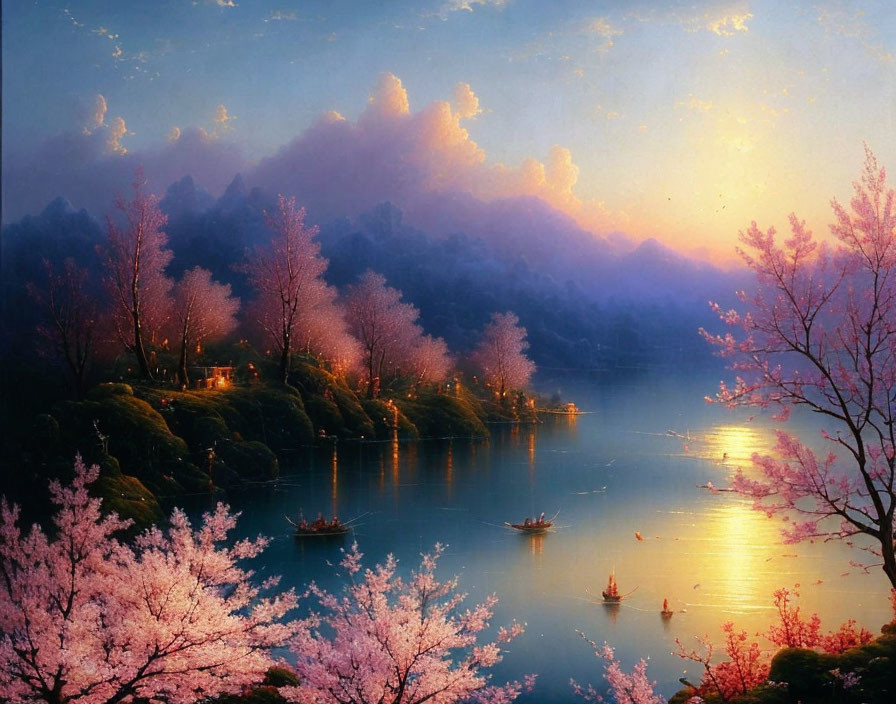 Tranquil River Scene: Cherry Blossoms, Boats, Mountains at Twilight