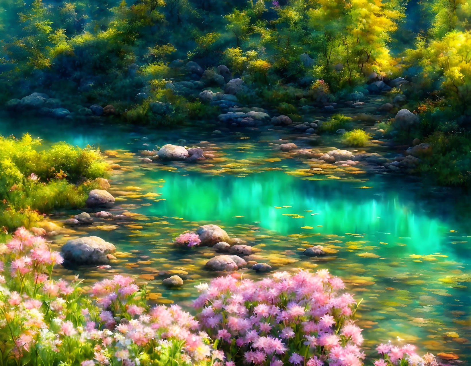 Tranquil river with turquoise water in vibrant landscape blooming with pink flowers
