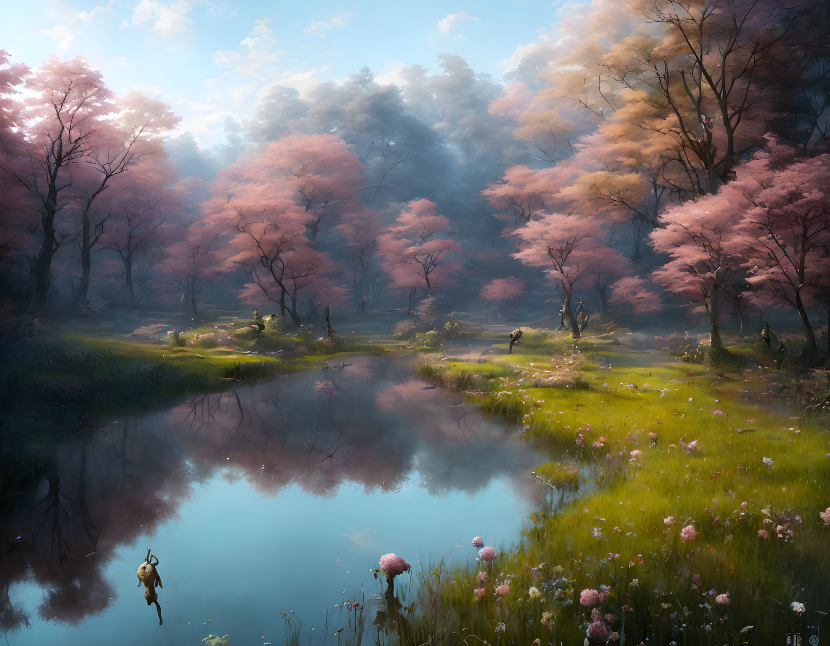 Tranquil Pond with Pink Trees and Sunlight