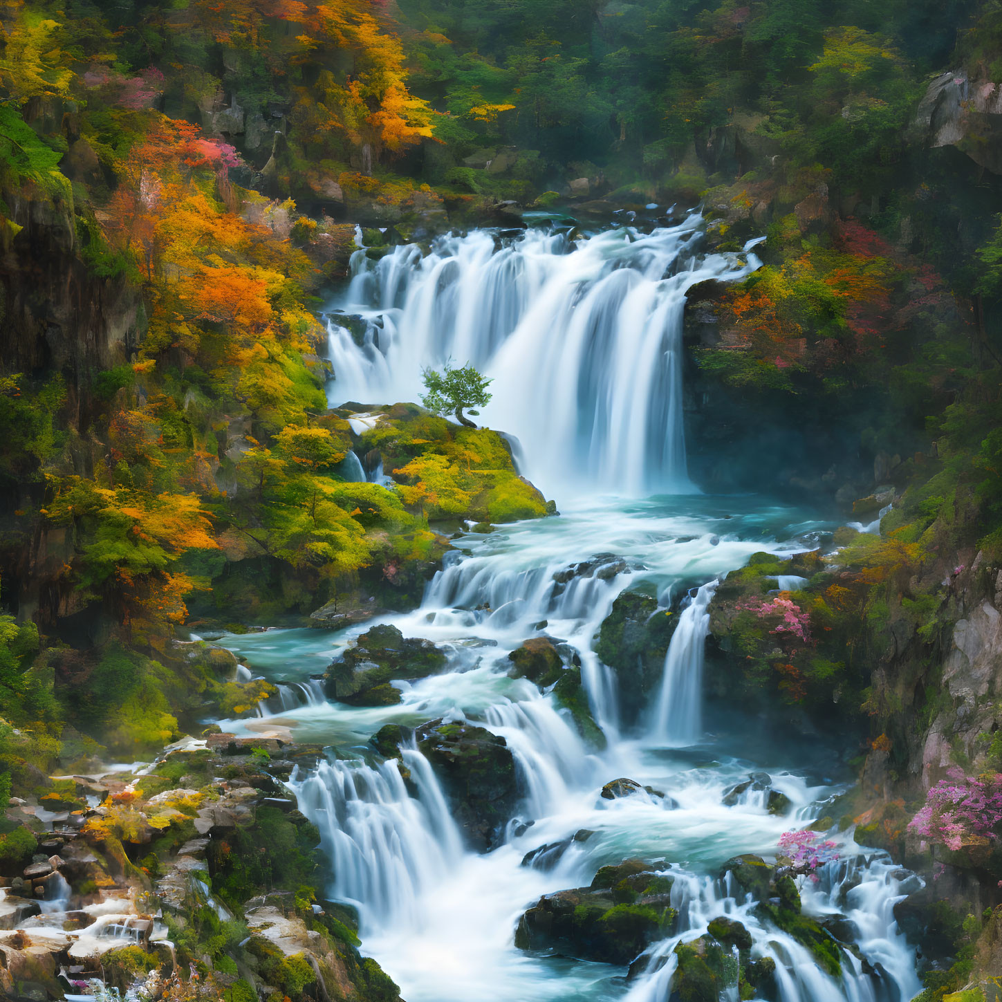 Autumn Foliage Surrounds Cascading Waterfall in Tranquil Forest