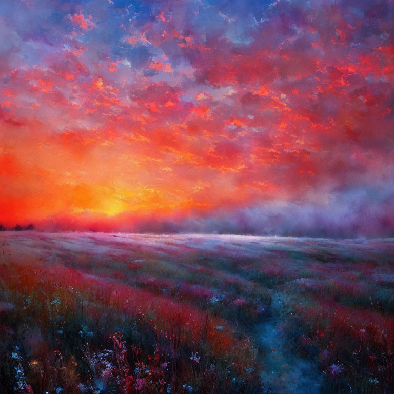 Colorful sunset painting over misty flower field with path