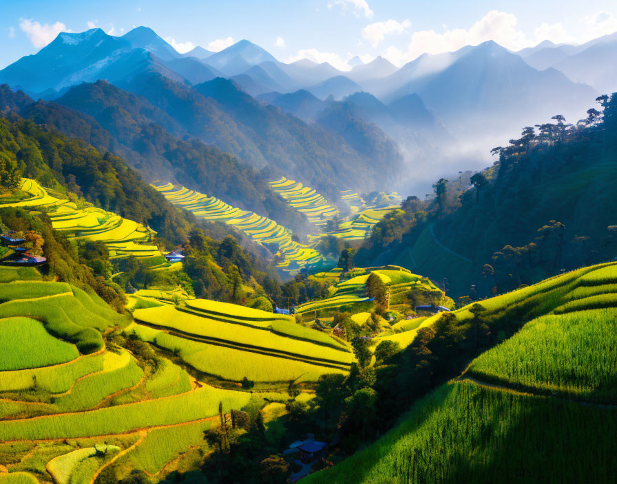 Sunny day terraced rice fields with green and yellow layers against mountain backdrop