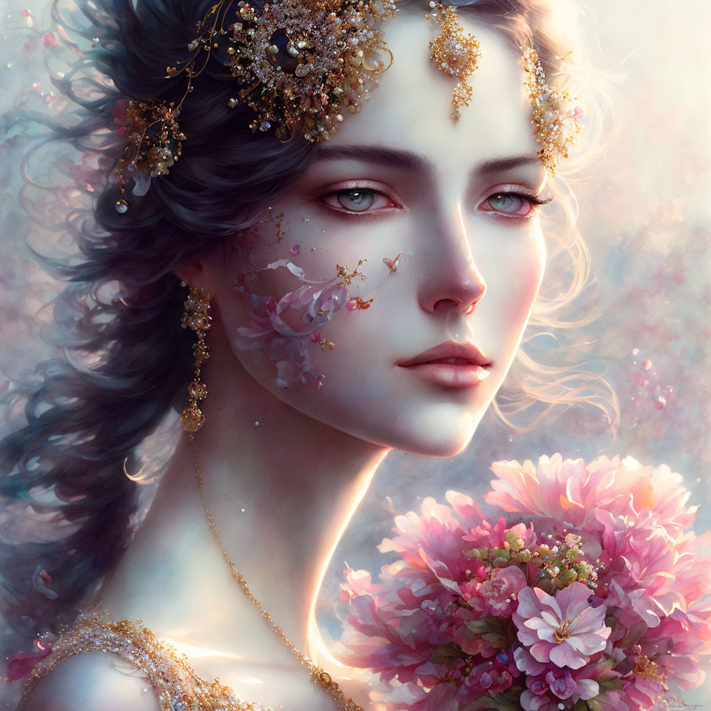 Digital Artwork: Woman with Blue Eyes and Gold Accents Among Pink Flowers