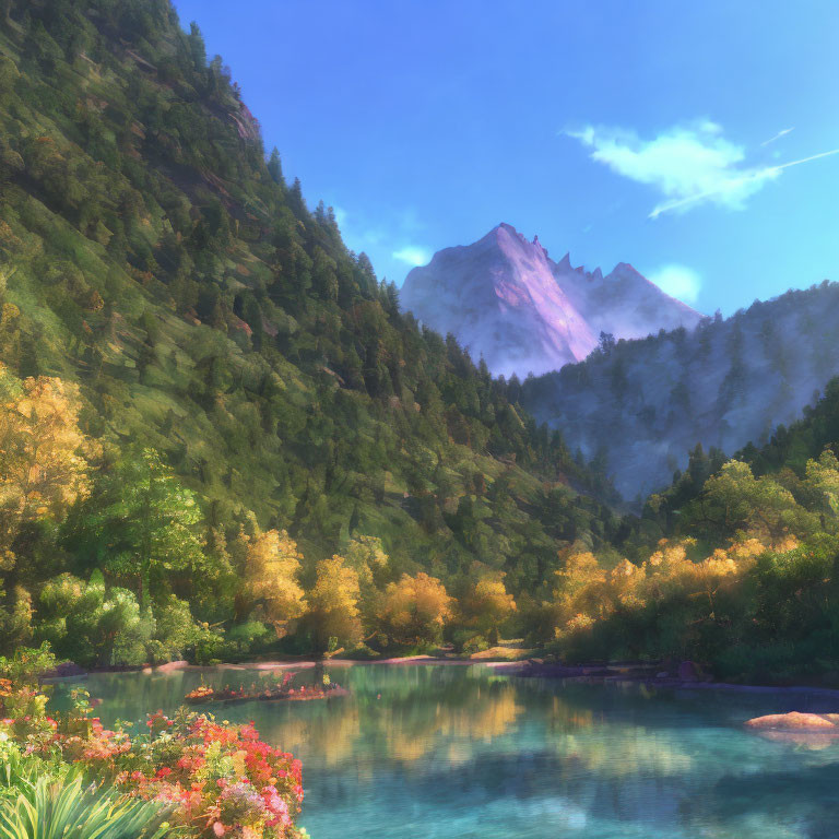 Serene landscape: blue lake, lush trees, sunny sky, misty mountains