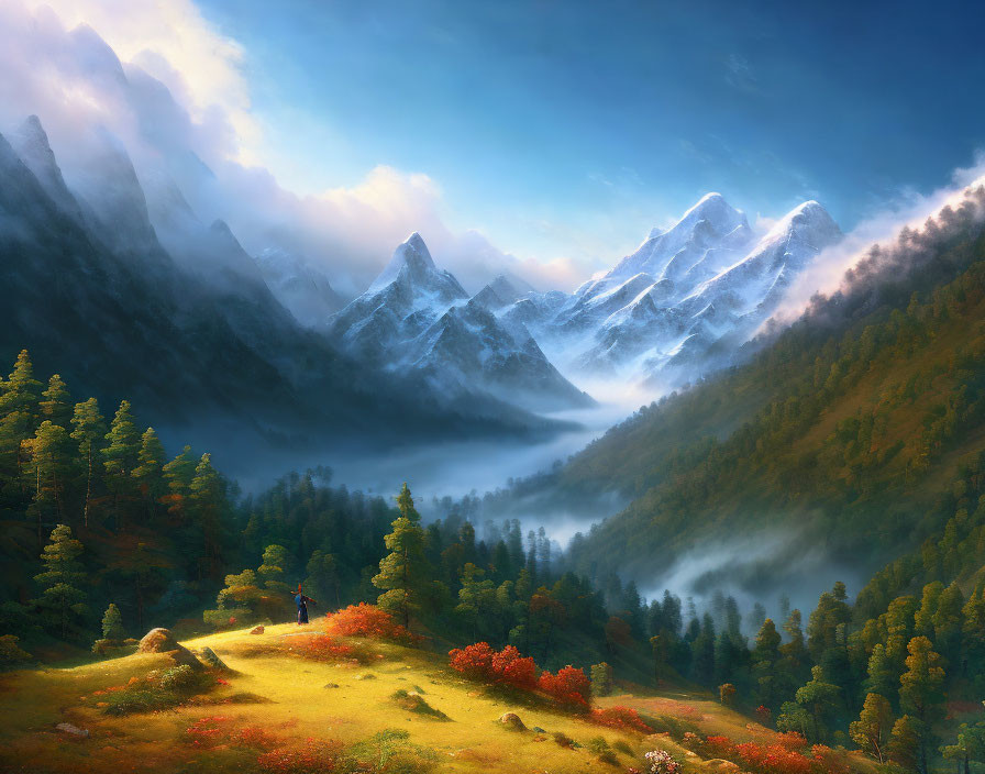 Snowy Peaks, Misty Valleys, Autumn Forest, Lone Hiker in Mountain Landscape