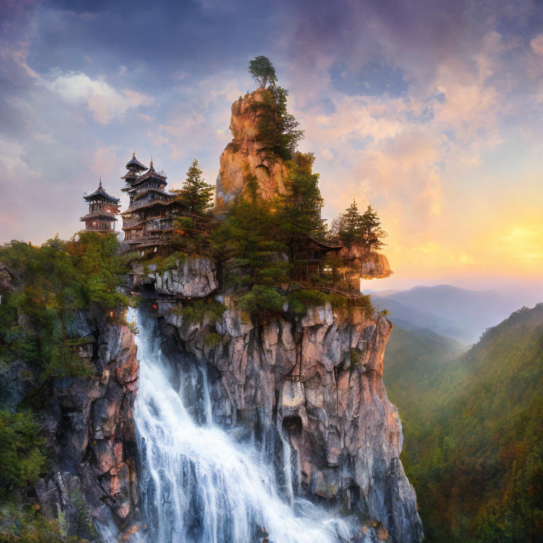 Asian Temples on Cliff with Waterfall and Mountains at Sunset