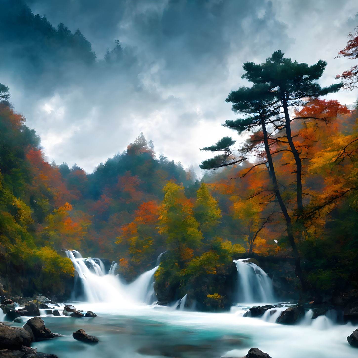 Autumn foliage surrounds serene waterfall under overcast sky
