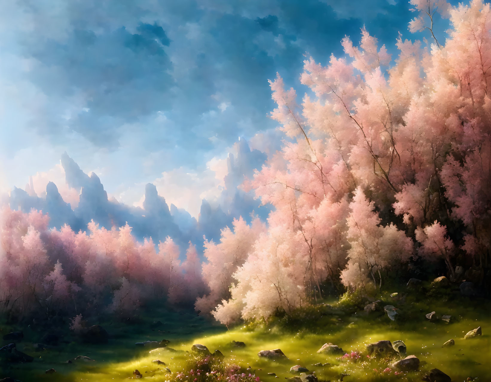 Tranquil Landscape with Cherry Trees, Rocks, and Misty Mountains