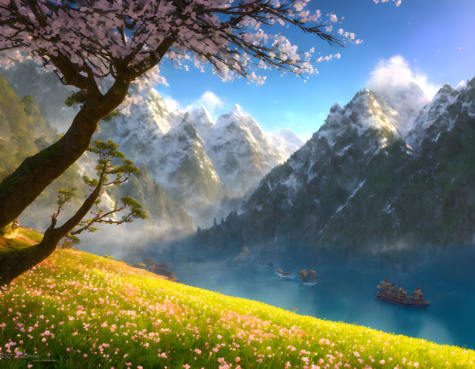 Scenic landscape: cherry tree, lake, boats, snow-capped mountains