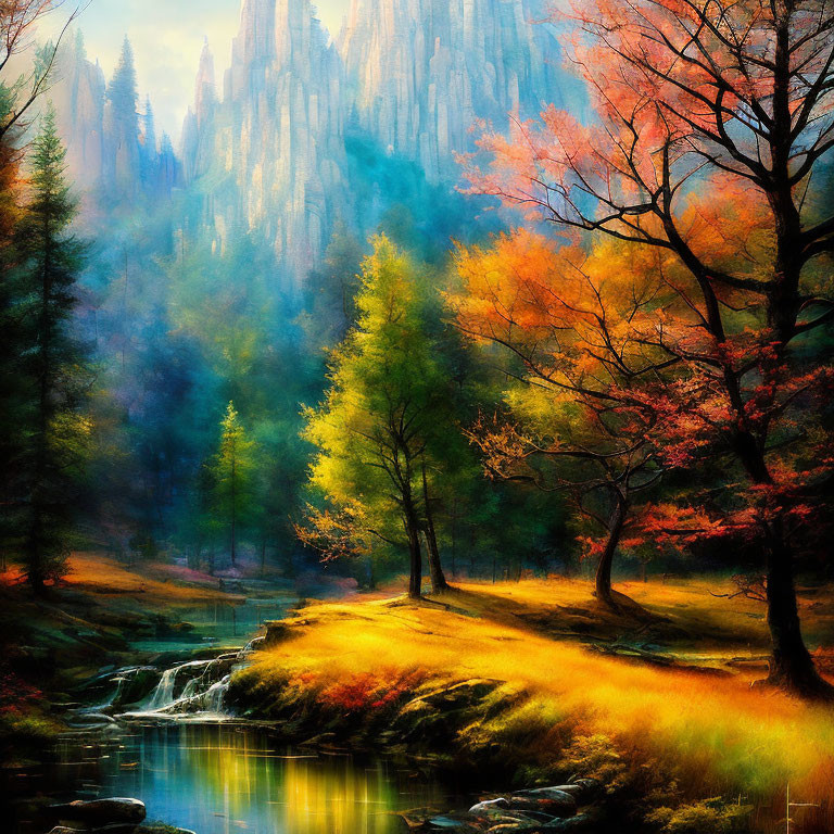 Vibrant Autumn Forest with Stream and Misty Mountain Backdrop