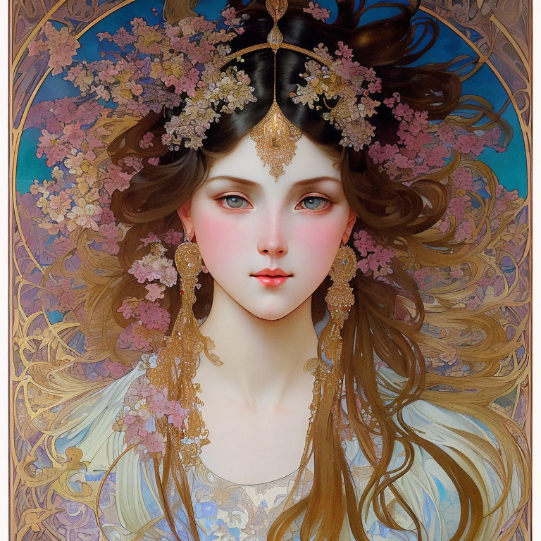 Woman painting with flowing hair, pink flowers, and golden jewelry in soft colors