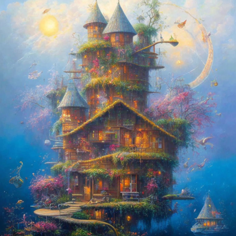 Fantasy multilevel treehouse with floating lanterns and crescent moon