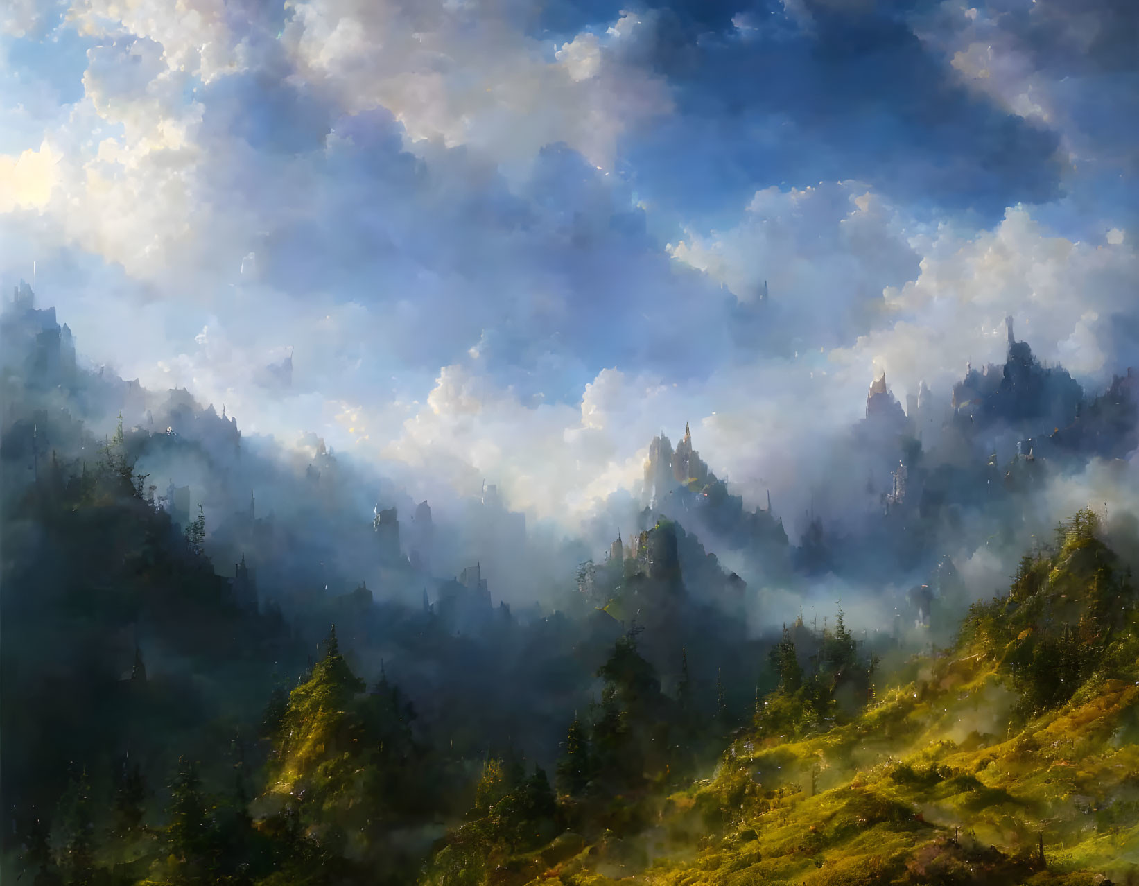 Misty forest landscape with sunlight and mountain peaks