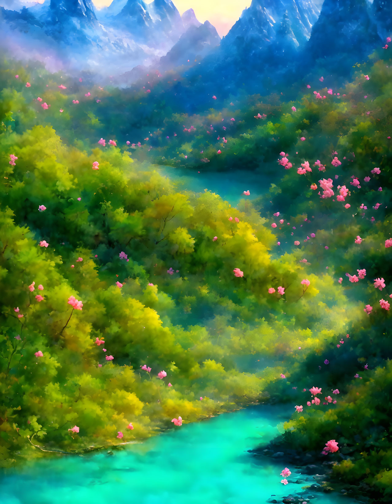 Colorful landscape with greenery, pink flowers, blue stream, and misty mountains