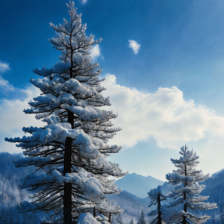 Snow-covered pine trees under blue sky with distant mountains.